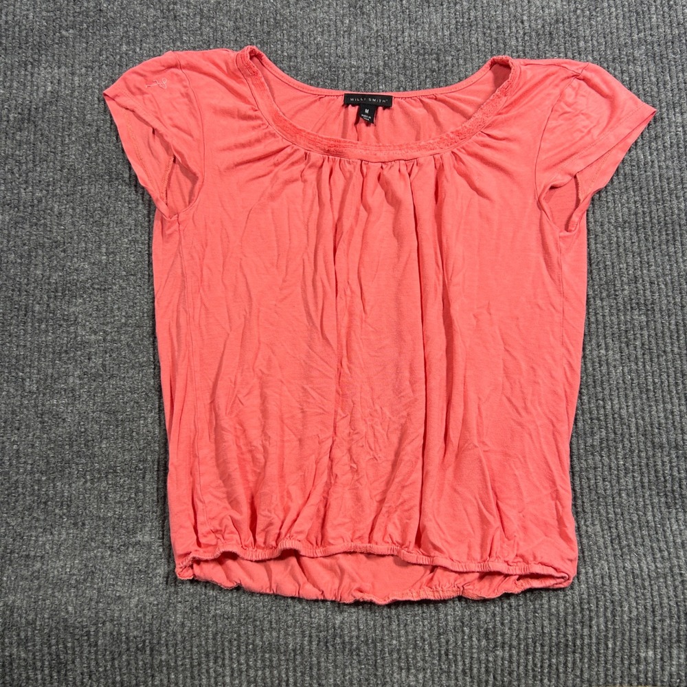 Willi Smith Shirt Womens M Pink Cap Sleeve Scoop Neck Elastic Hem Blouse Top